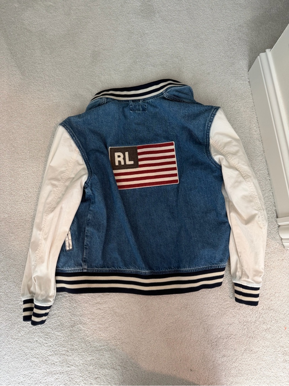 Polo Ralph Lauren American Flag Denim & White Sleeve Varsity Jacket